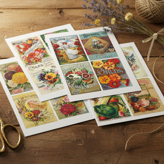 A collage of vintage seed and flower garden label prints with colorful floral illustrations, including roses, marigolds, and ornamental flowers, arranged overlapping on a white background.