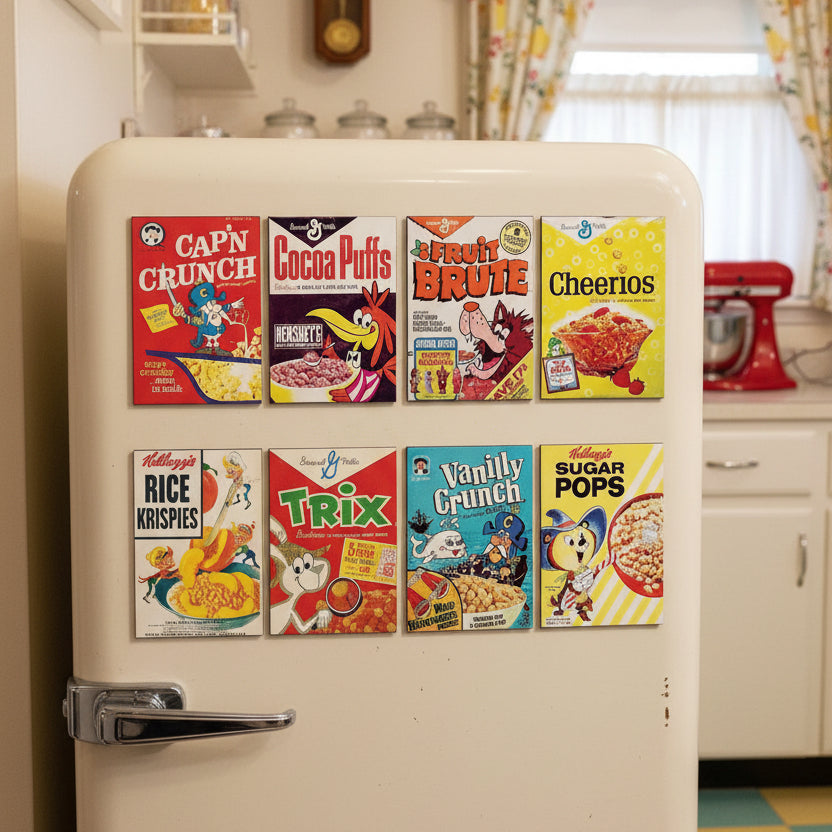 A 2x4 grid of vintage cereal box designs on a gray gradient background, including Cap'n Crunch, Cocoa Puffs, Fruit Brute, Cheerios, Kellogg's Rice Krispies, Trix, Vanilly Crunch, and Sugar Pops.