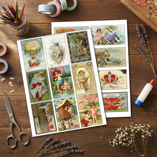 A set of vintage Valentine's Day card sheets featuring multiple colorful illustrations of cherubs, hearts, apples, and romantic scenes, arranged on a white background.