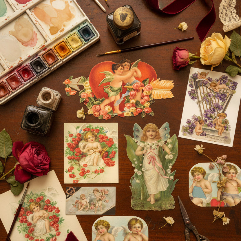 A set of vintage-style Valentine's Day card designs featuring cherubs, flowers, and fruit, shown as overlapping printed sheets on a white background.