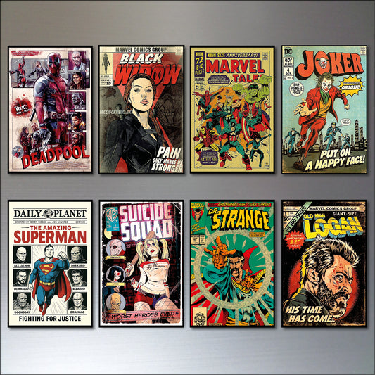 Vintage Superhero & Villain Comic Fridge Magnets | Set of 8