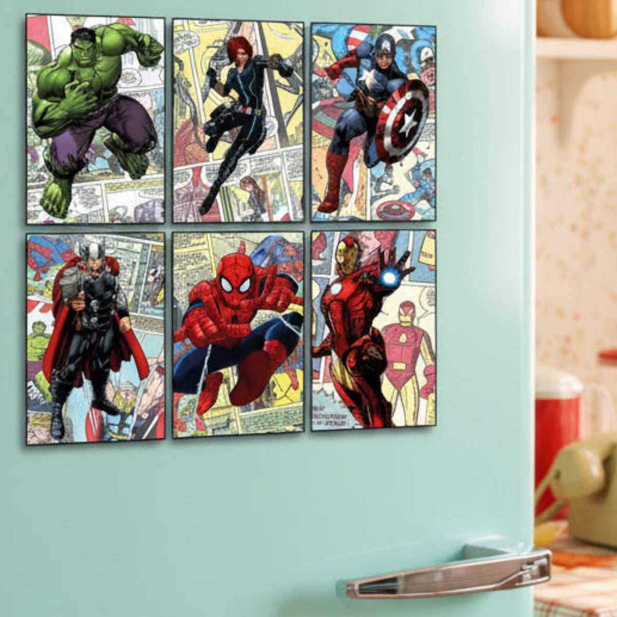 A 6-panel comic-style wall art set fridge magnets featuring Marvel superheroes: Hulk, Black Widow, Captain America, Thor, Spider-Man, and Iron Man, arranged in a 2x3 grid on a retro fridge.