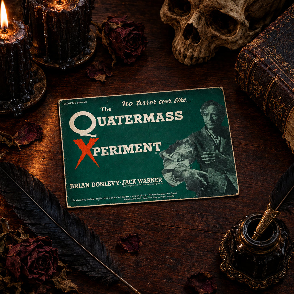 A vintage movie poster for 'The Quatermass Experiment' featuring a dark green background, large white title text, a red 'X', and a black-and-white portrait of a man on the right.