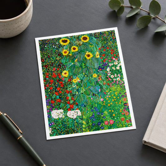 Impressionist-style floral painting featuring a central cluster of sunflowers with green leaves, surrounded by dense wildflowers in red, white, yellow, purple, and pink on a green ground.