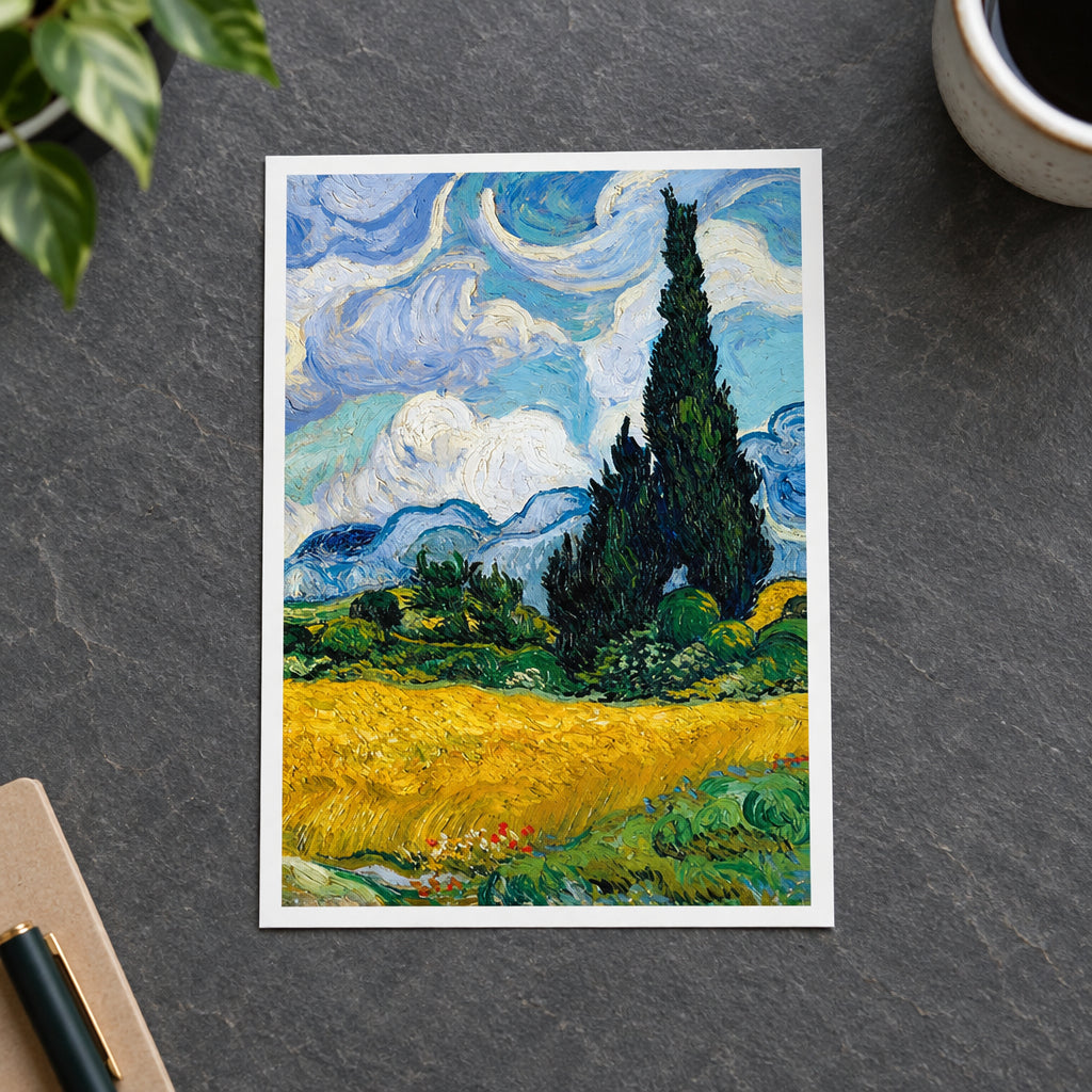 Vincent van Gogh style landscape painting featuring a dramatic swirling blue and white sky, a tall dark cypress tree, green hills, and a golden yellow field in the foreground.