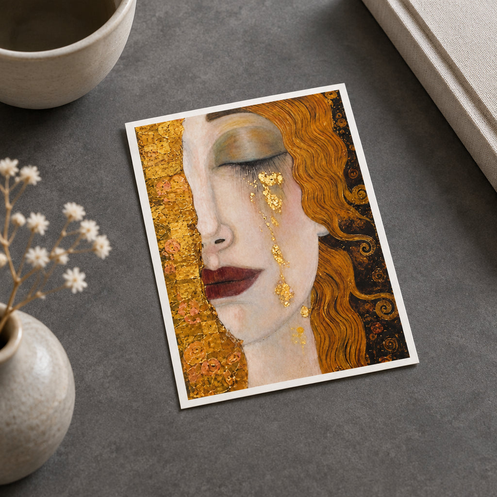 An expressive close-up portrait painting of a woman's face in profile, rendered in warm gold, beige, brown, and black tones with metallic-looking gold details and flowing hair.