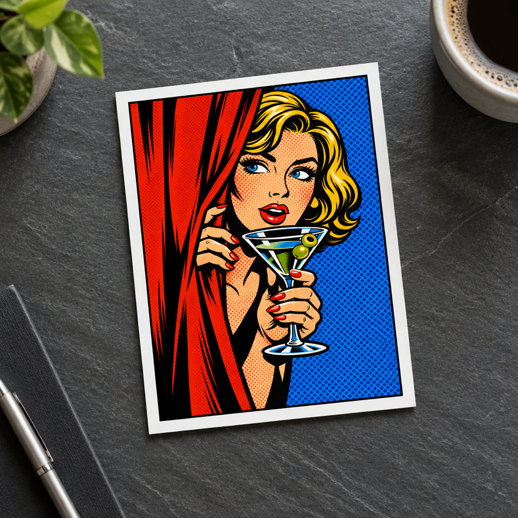 Pop-art style illustration of a blonde woman peeking from behind a red curtain and holding a martini glass with two green olives, set against a blue halftone background.