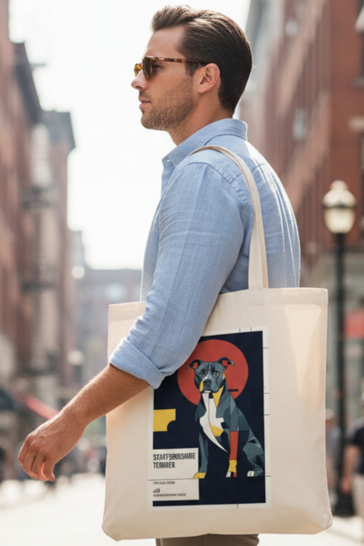 A natural canvas tote bag featuring a stylized graphic print of a Staffordshire Terrier dog in a poster design with a red sun and dark navy background.