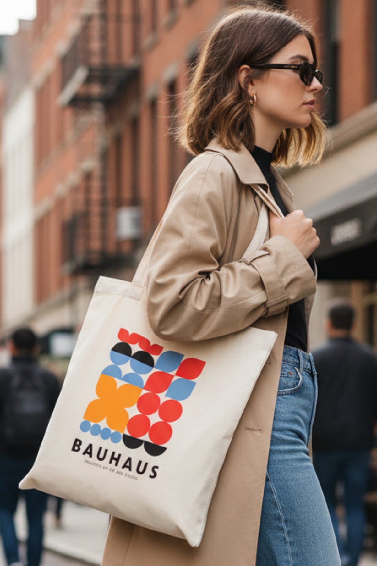 A cream-colored canvas tote bag featuring a colorful Bauhaus geometric logo print in red, orange, blue, black, and white, with the text 'BAUHAUS INSTITUTE OF ART AND DESIGN' printed below.