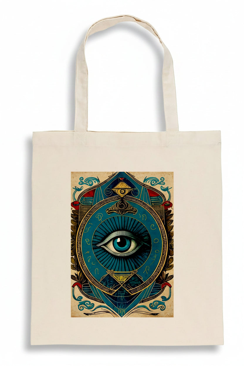 A cream-colored canvas tote bag featuring a large, detailed graphic print of an all-seeing eye design in blue, gold, and red on the front, set against a plain white background.