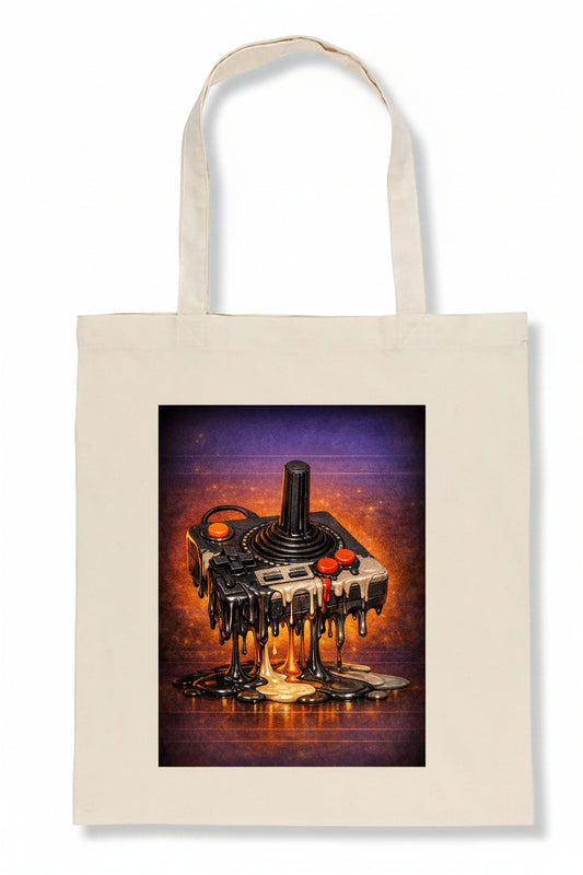 A cream-colored canvas tote bag featuring a large rectangular graphic print of a melting retro video game joystick console on a purple and orange background.