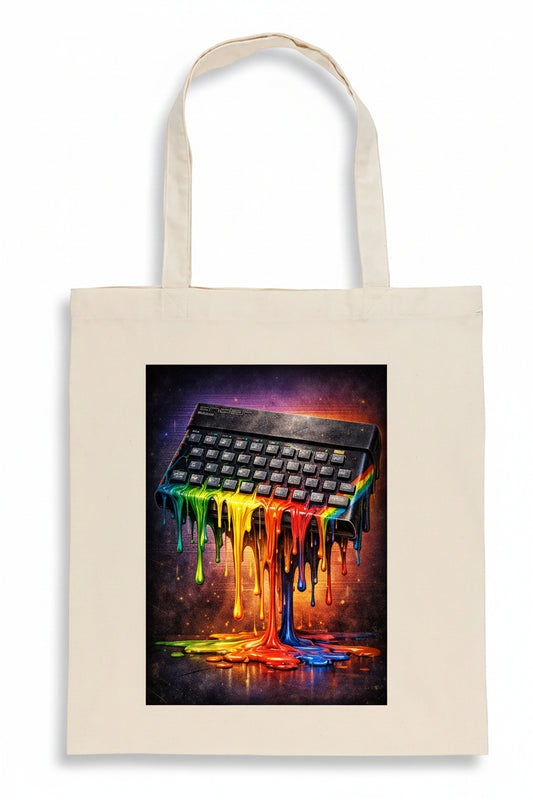 A cream-colored canvas tote bag featuring a square graphic print of a retro computer keyboard with vibrant, multicolored dripping paint on a dark cosmic background.