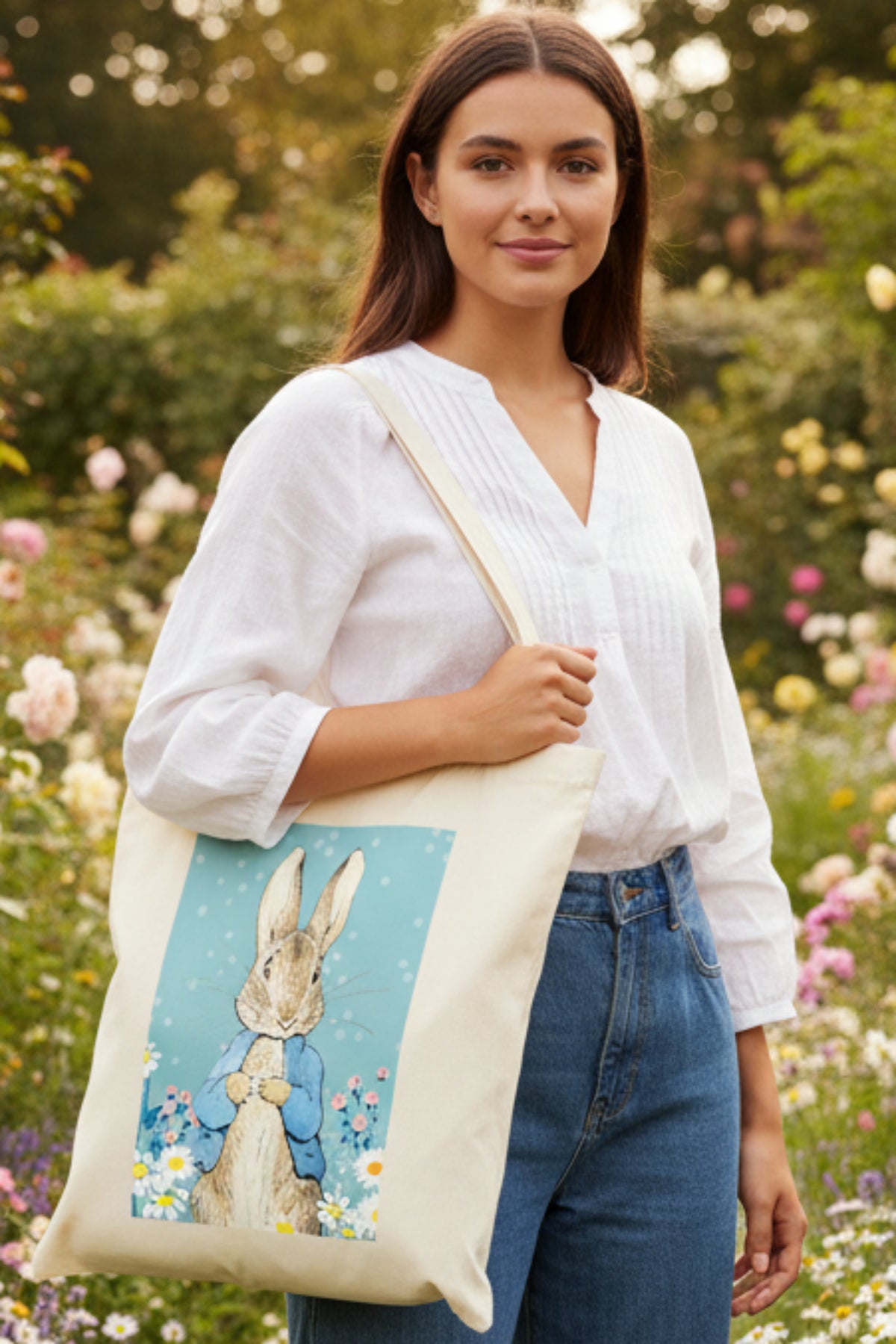 A natural canvas tote bag featuring a printed illustration of Peter Rabbit in a blue jacket surrounded by white daisies on a light blue background.