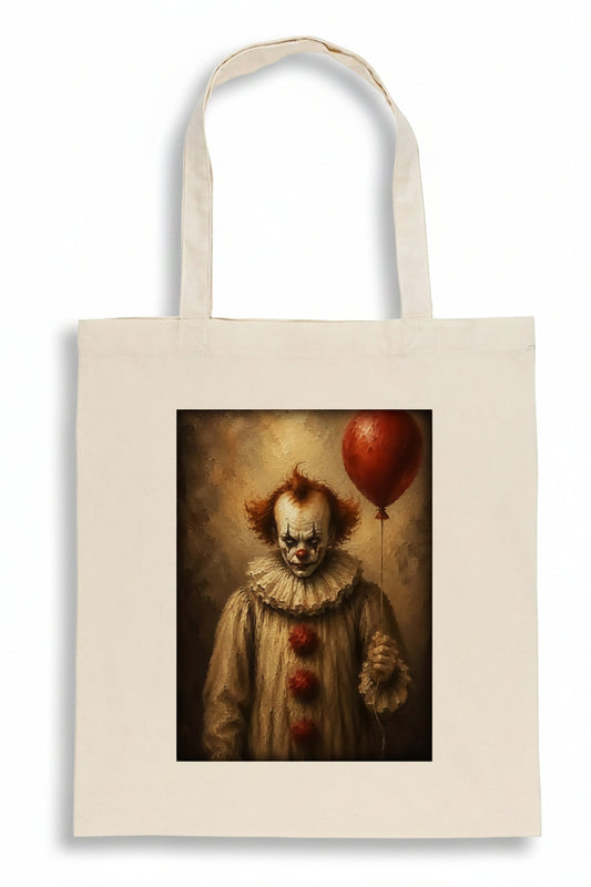 An off-white canvas tote bag featuring a printed graphic of a creepy clown holding a red balloon, set against a plain white background.