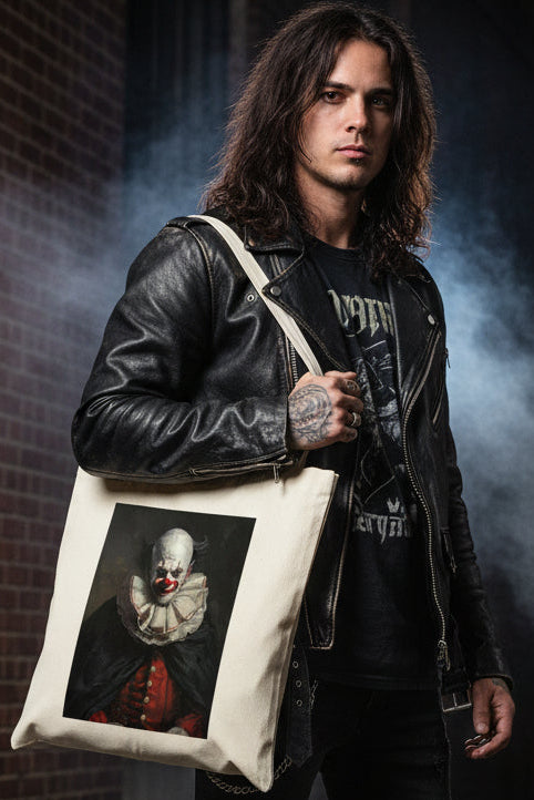 A natural canvas tote bag featuring a large rectangular graphic print of a creepy clown portrait in a dark painting style, shown against a plain white background.