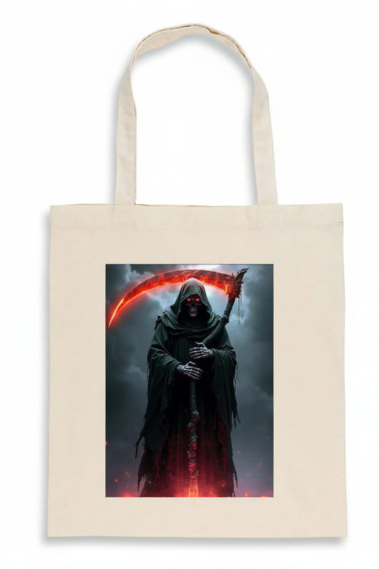 A cream-colored canvas tote bag with a large graphic print of a hooded grim reaper holding a scythe with glowing red blades, set against a plain white background.