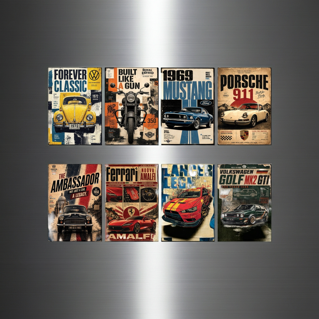 Vintage Classic Motor Enthusiast Auto Poster Fridge Magnets Set of 8 | Classic Car Gift