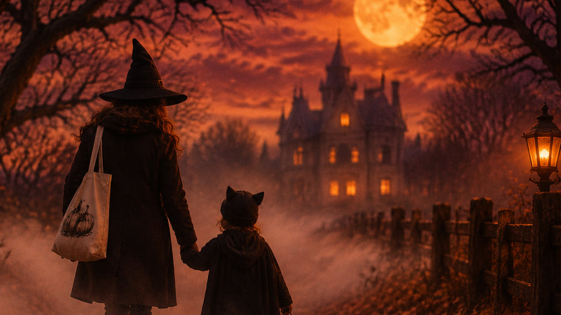 Parent wearing halloween tote holding childs hand