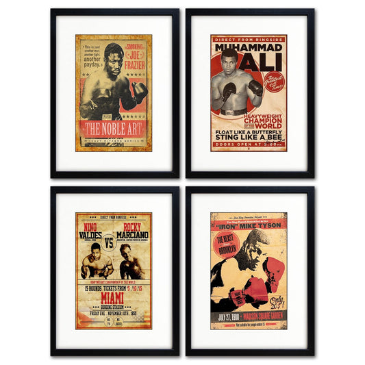 Vintage boxing poster print collection featuring legendary fighters Ali, Tyson, Frazier, and Marciano by Bubbadoodoo.