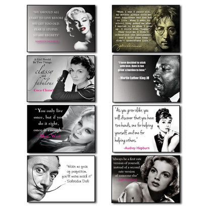 Set of 8 vintage fridge magnets featuring inspirational quotes and celebrity images, perfect for decorating your refrigerator.