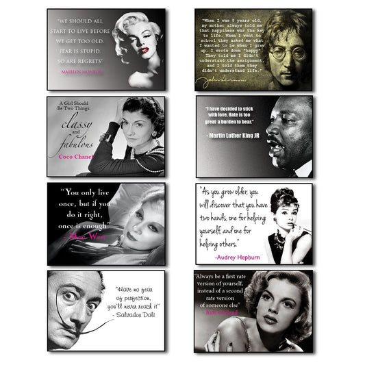 Set of 8 vintage fridge magnets featuring inspirational quotes and celebrity images, perfect for decorating your refrigerator.