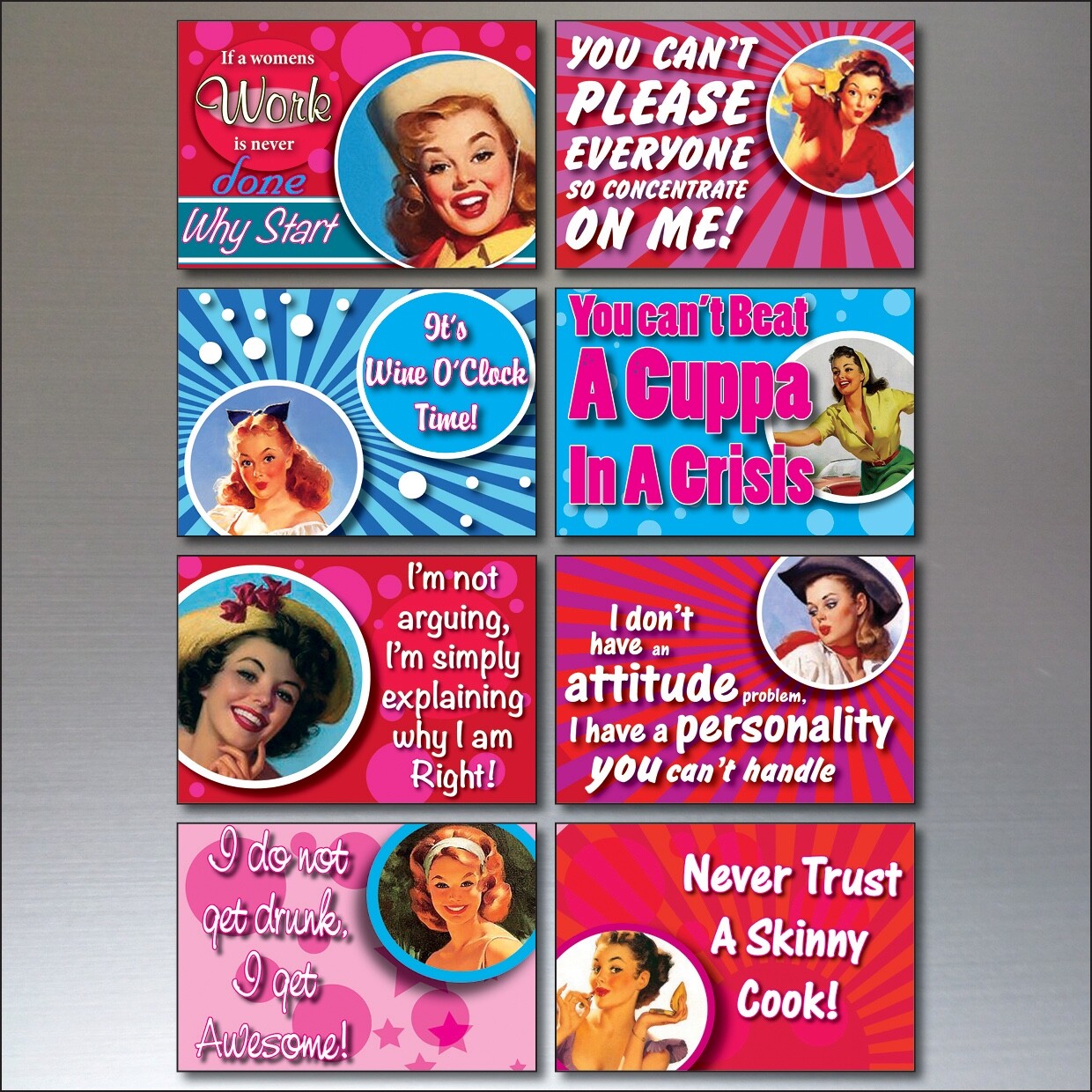 Set of 8 humorous and inspirational fridge magnets with funny quotes, perfect for decorating your kitchen fridge.