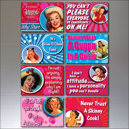 Set of 8 humorous and inspirational fridge magnets with funny quotes, perfect for decorating your kitchen fridge.