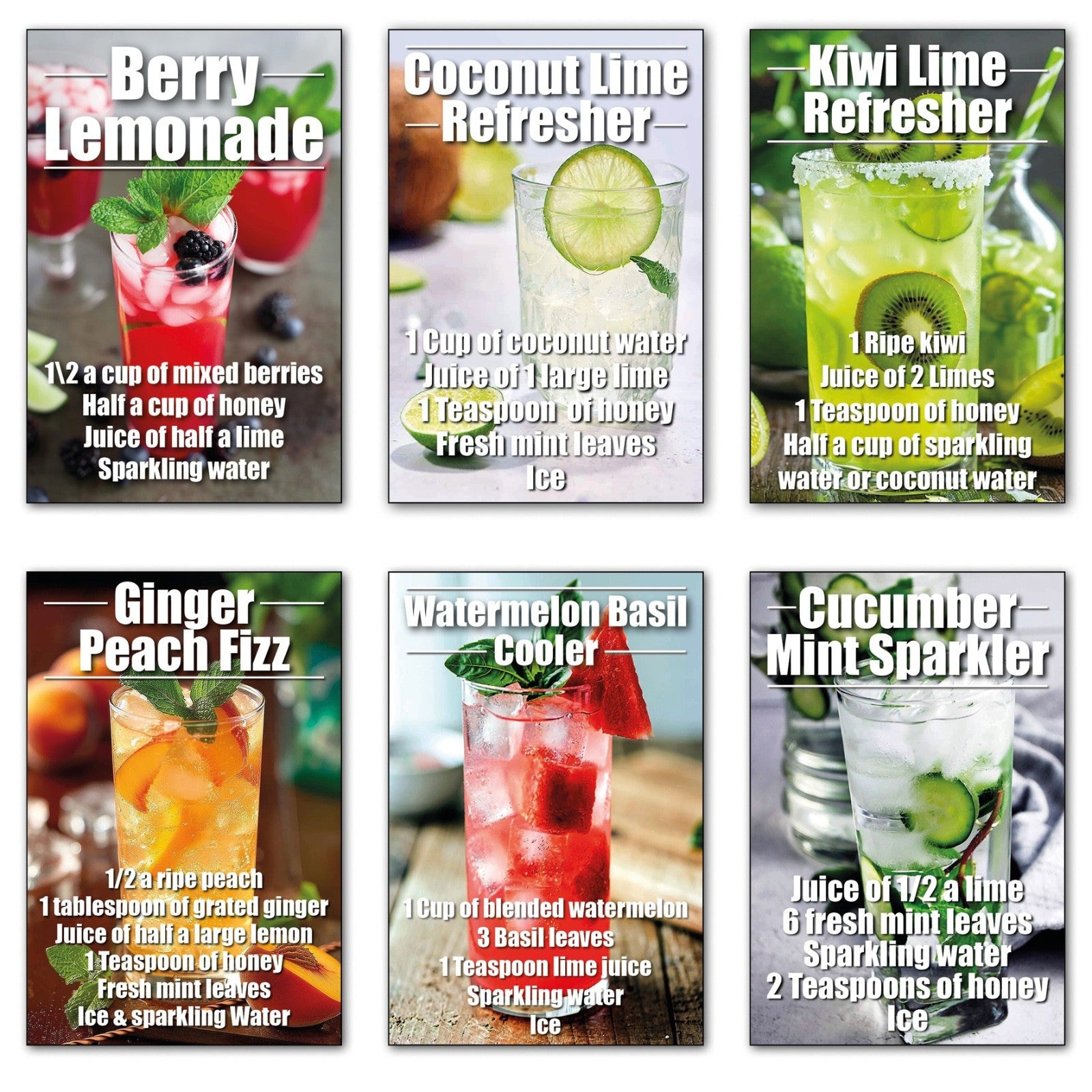 Set of six unbranded mocktail fridge magnets featuring non-alcoholic drink recipes with colorful, eye-catching designs.