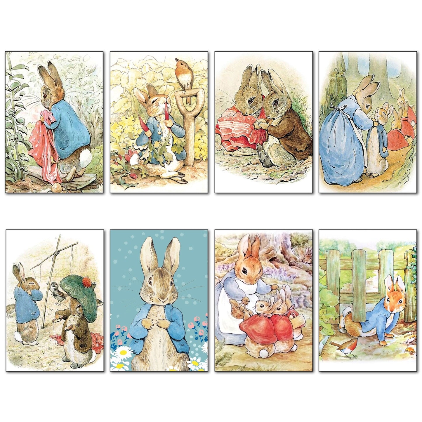 Vintage Peter Rabbit fridge magnets set of 8 featuring Beatrix Potter illustrations, colorful and detailed magnetic collectibles.