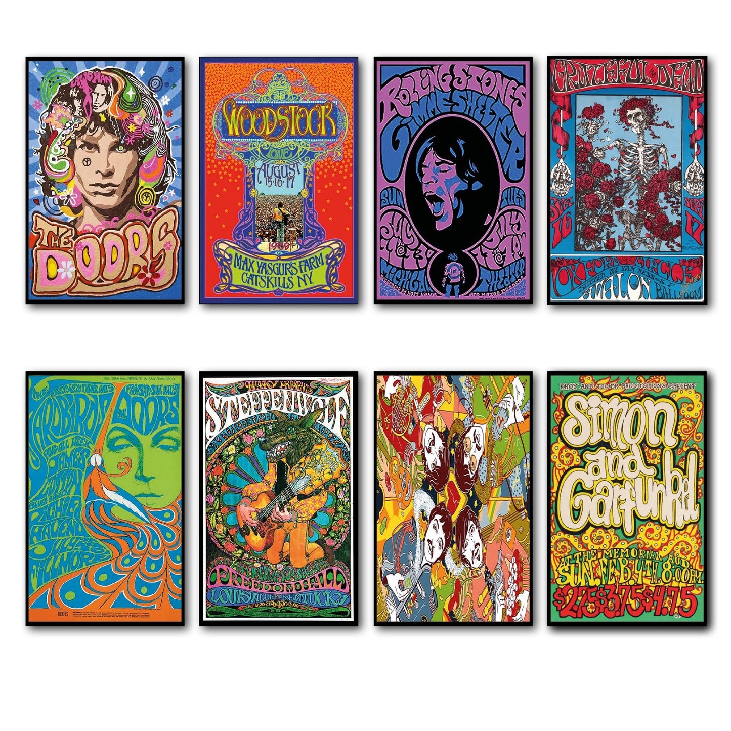 Set of 8 vintage 1960s and 70s psychedelic music posters fridge magnets, featuring colorful retro designs and band artwork.