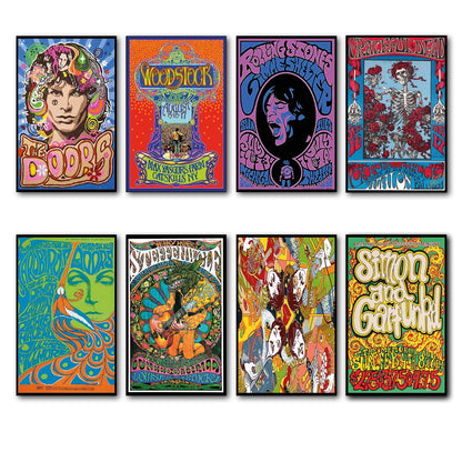 Set of 8 vintage 1960s and 70s psychedelic music posters fridge magnets, featuring colorful retro designs and band artwork.