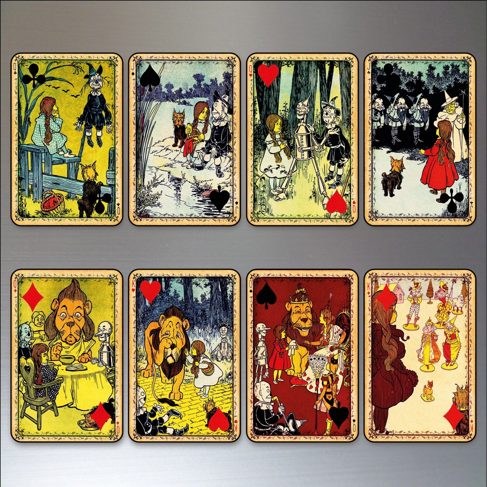 Set of 8 vintage Wizard of Oz-themed fridge magnets featuring decorative playing card designs, perfect for kitchen decor.