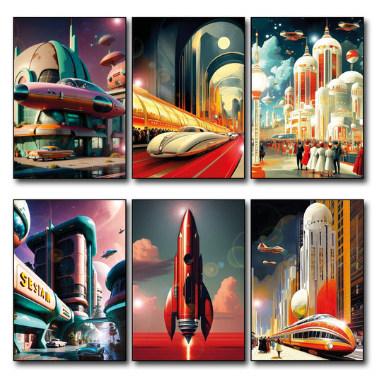 Set of six vintage retro sci-fi novel artwork fridge magnets featuring classic sci-fi book covers and illustrations.