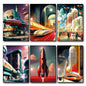 Set of six vintage retro sci-fi novel artwork fridge magnets featuring classic sci-fi book covers and illustrations.