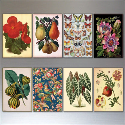 Set of 8 vintage Victorian botanical illustrations fridge magnets, featuring detailed floral and plant designs.