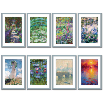 Set of 8 vintage Claude Monet art painting fridge magnets featuring iconic impressionist landscape images.