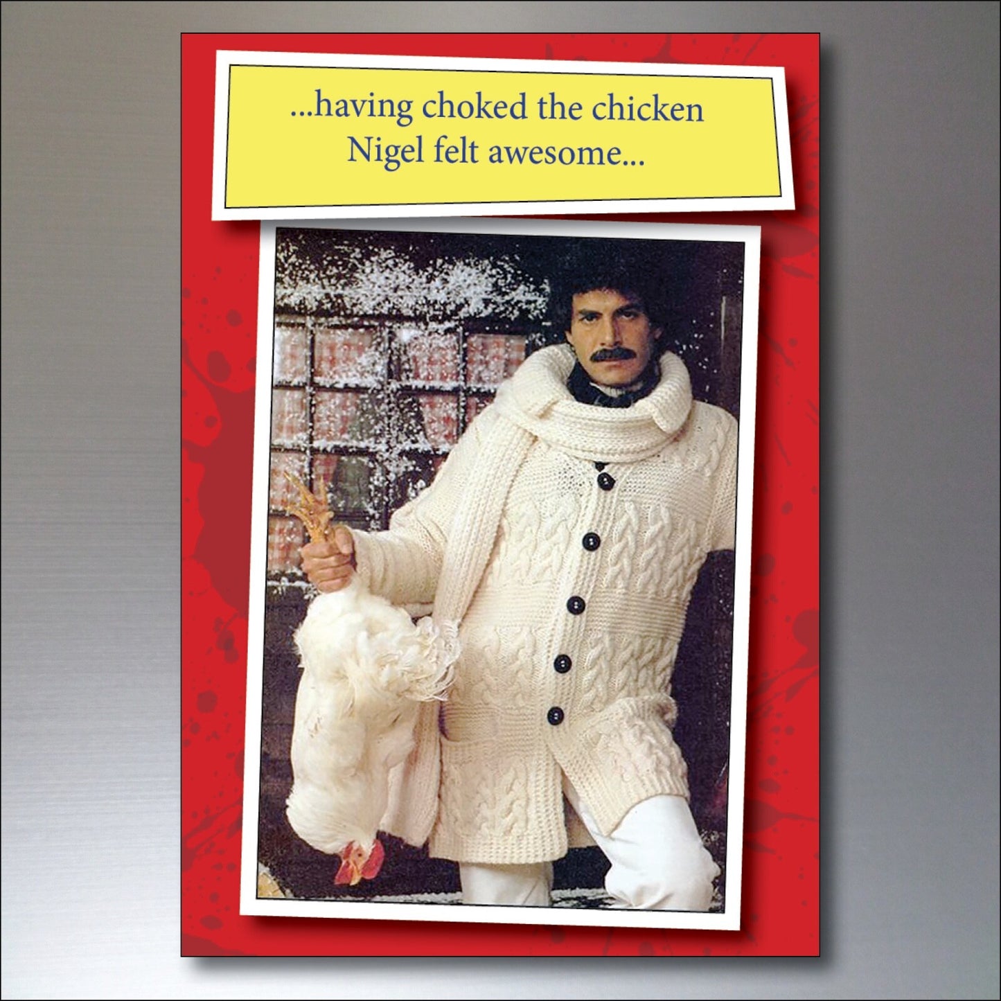 Set of eight funny knitwear-themed 1970s fashion fridge magnets in vibrant colors, featuring playful vintage-style knitwear designs.