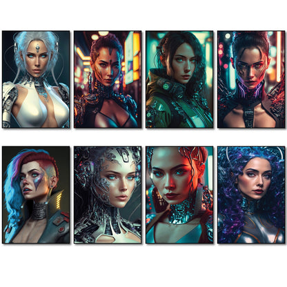 Set of 8 fridge magnets featuring cyberpunk and steampunk women superheroes with vibrant, detailed designs.