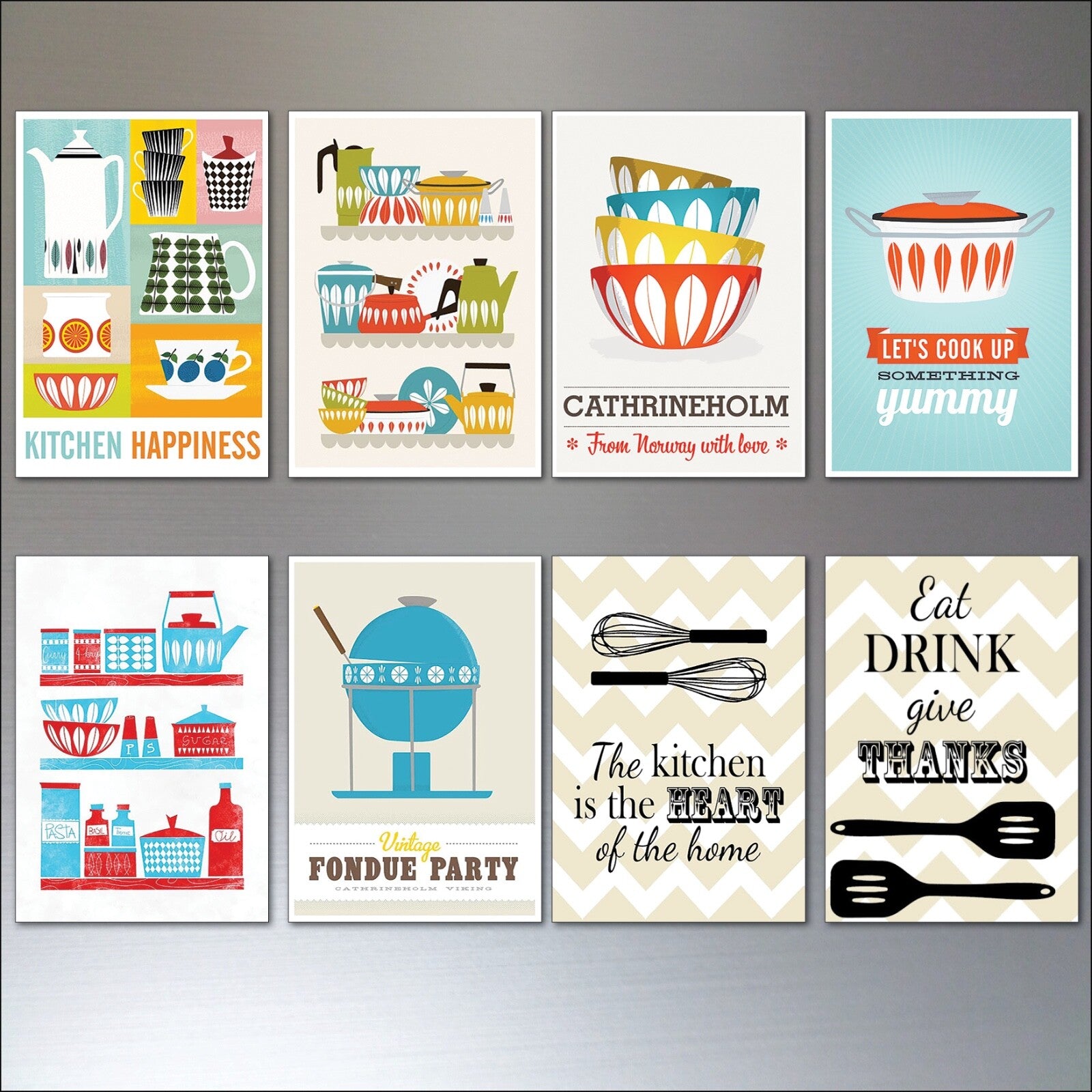 Set of Catherineholm vintage-style fridge magnets featuring colorful Scandinavian-inspired art designs for kitchen decor.