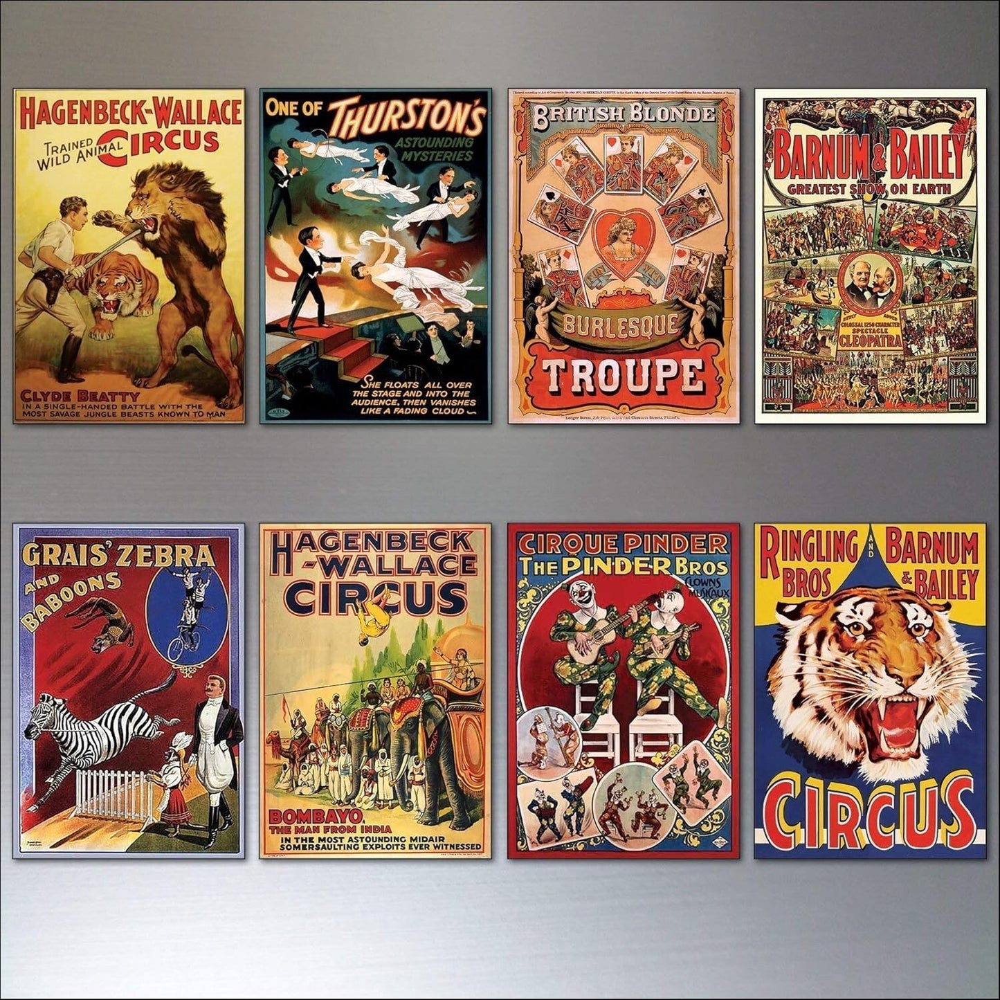 Set of 8 vintage circus and performance posters fridge magnets featuring colorful, nostalgic images of performers and acts.