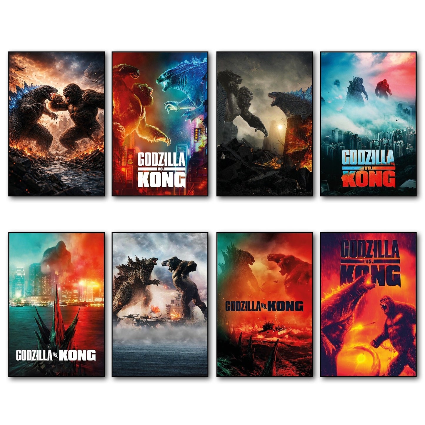 Set of 8 fridge magnets featuring Godzilla vs King Kong film poster images, collectible magnetic decorations for the refrigerator.