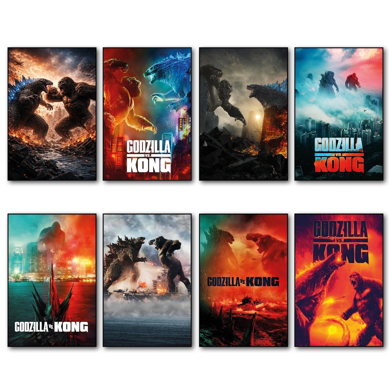 Set of 8 fridge magnets featuring Godzilla vs King Kong film poster images, collectible magnetic decorations for the refrigerator.