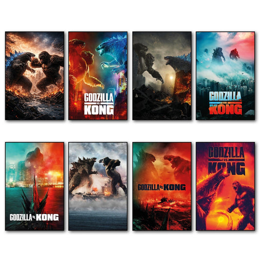 Set of 8 fridge magnets featuring Godzilla vs King Kong film poster images, collectible magnetic decorations for the refrigerator.