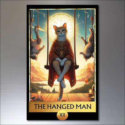 Set of 8 vintage tarot cat fridge magnets featuring mystical cat art, perfect for retro kitchen decor and magnetic display.