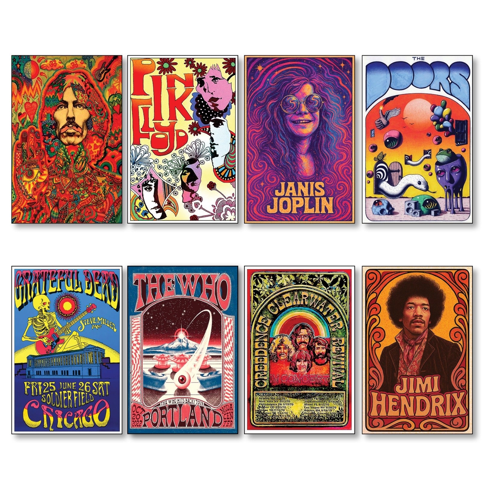 Set of 8 vintage 1960s and 70s psychedelic music posters fridge magnets by Bubbadoodoo, featuring colorful retro designs.