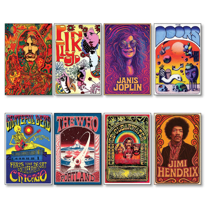 Set of 8 vintage 1960s and 70s psychedelic music posters fridge magnets by Bubbadoodoo, featuring colorful retro designs.