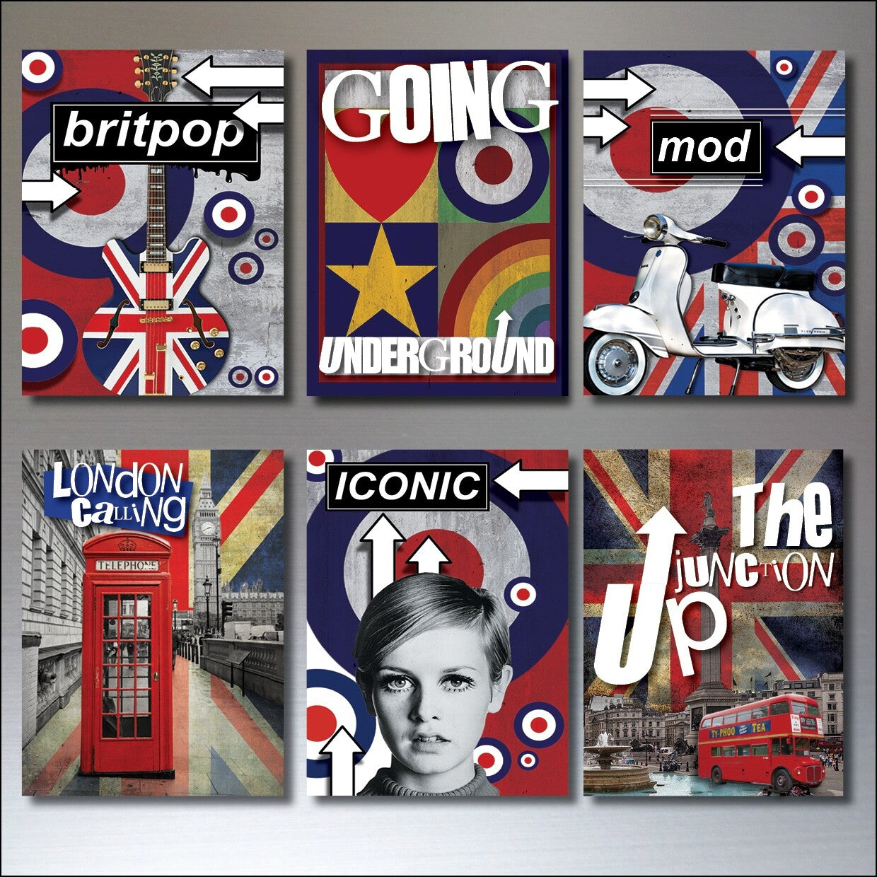 Set of six Mods retro scooter and punk rocker vintage music pop culture fridge magnets featuring colorful, themed designs.