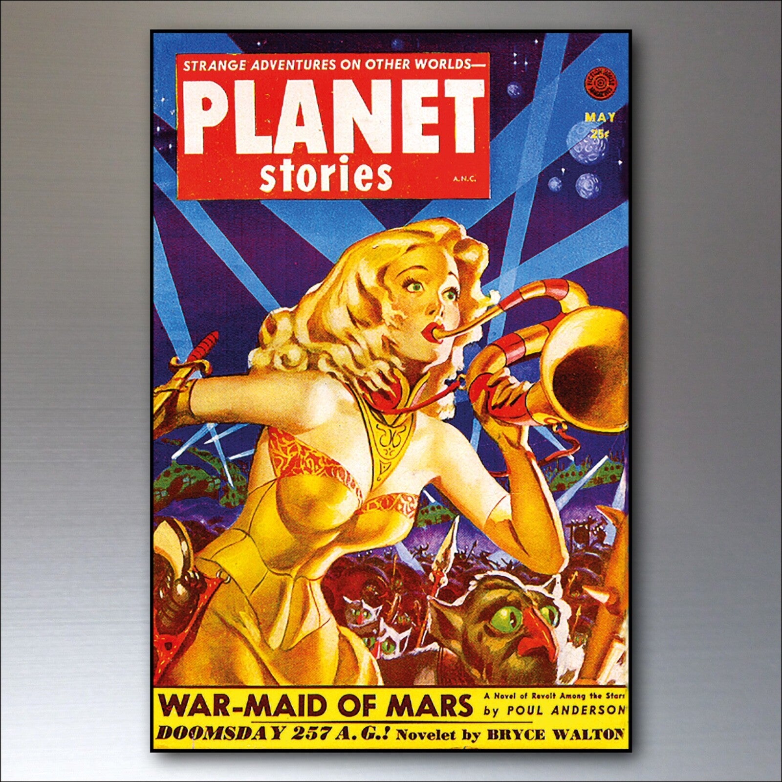 Set of 8 vintage retro sci-fi novel artwork fridge magnets featuring classic science fiction illustrations.