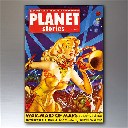 Set of 8 vintage retro sci-fi novel artwork fridge magnets featuring classic science fiction illustrations.