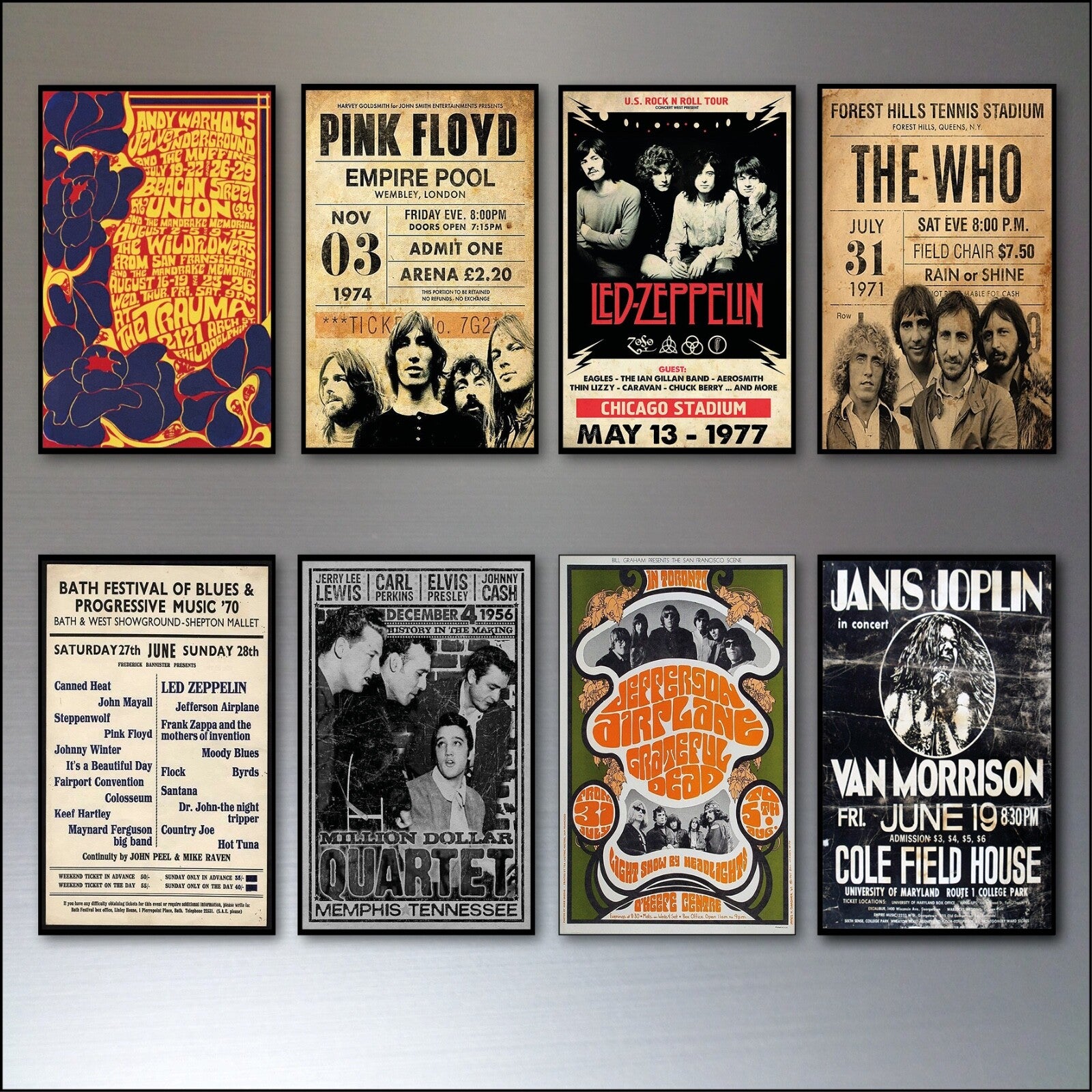 Set of 8 vintage 1960s and 70s psychedelic music posters fridge magnets featuring colorful, retro designs and bold artwork.